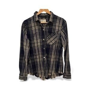 CURRENT ELLIOTT Plaid Flannel Button Down Frayed Hem Navy Beige Size 2